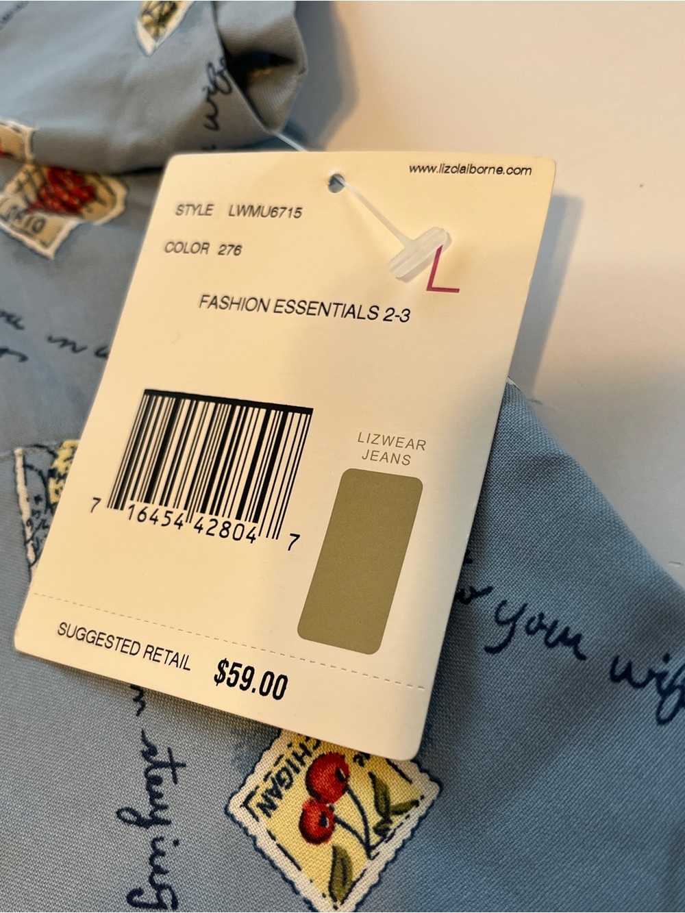 Liz Claiborne 100% silk Pale Blue Button-Down blouse with Postcard Print size L - Picture 6 of 10